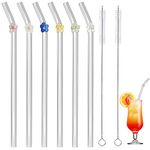 Reusable Glass Straw, Clear Glass Straws with Flowers, Reusable Straws for Smoothies and Normal Liquid Drinks, 6 Bent Straw with 2 Cleaner Brush