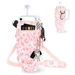 Water Bottle Bag with Phone Pocket for Stanley 40 OZ Tumbler Neoprene Water Bottle Holder Pouch with Adjustable Strap Bollus with Straw Cover & Carabiner for Stanley Cup Accessories (07 Pink Leopard)