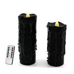 CVHOMEDECO. Real Wax Hand Dipped Battery Operated LED Pillar Candles with Remote Control, Primitives Country Flickering Dancing Flame Lights Décor, H 6 & 5 Inch, Set of 2, Black.