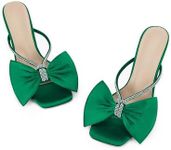 Coutgo Women's Bow Heels Slip on Backless Mules Square Open Toe Heeled Sandals Rhinestone Stiletto Summer Dress Shoes, Dark Green, Size 6.5