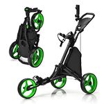 GYMAX 3 Wheels Golf Push Pull Cart, Lightweight Height Adjustable Golf Trolley with Storage Bag, Foot Brake, Umbrella Holder and Built-in Cooler, Foldable Golf Bag Holder (Green)