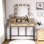Sunvivi Vintage Vanity Desk with Lighted Mirror, 40" Large Dressing Makeup Vanity Table with 4 Drawers, 3 Color Lighting Modes & 10 Brightness, Dressing Table with Metal Frame for Woman Adult Bedroom