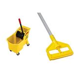 Rubbermaid Commercial Tandem Bucket and Wringer Combo (FG738000YEL) + Invader Side Gate Wet Mop Fiberglass Handle (FGH145000000)