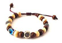 SAFFRON SHADES OM and Turkish Evil Eye Wooden Beaded Bracelet for Men and Boys | Stylish and Fashionable Bracelet | Brown Linhasita Cord | Rakhi Bracelet for Brother