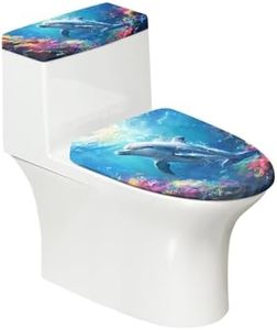 KUIFORTI Sea Dolphin Toilet Tank Lid Cover and Toilet Seat Lid Cover Toilet Covers with Elastic Bottom,Universal Fit Toilet Top Cover for Bathroom Decor, 2 Piece Set