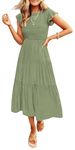 Coloody Women's 2024 Summer Casual Midi Dress Boho Flutter Sleeve Crew Neck Smocked Elastic Waist Tiered A-Line Long Beach Dress(Green, M)