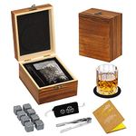 Whiskey Stones and Glass Gift Set for Men, KAQ 8 Natural Whisky Stones 1 Crystal Whisky Glass with 1 Blessing Card in an Vintage Wooden Box, Present for Him/Dad/Husband/Men