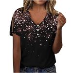 Trendy Splash Ink Print Tops Summer Short Sleeve Tshirts Casual Loose Fit Henley Top 2023 Button V Neck Blouses