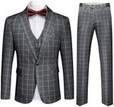 Mens 3-Piece Plaid Suit Set Modern Fit Jacket Tux Blazer Vest Pants A/Grey