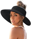 FURTALK Sun Visor Hats for Women Wide Brim Straw Roll Up Ponytail Summer Beach Hat UV UPF 50 Packable Foldable Travel Black