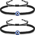 2 Pcs Evil Eye Bracelets 7 Knot Lucky Bracelet Adjustable String Amulet for Women Men Teen Boys Girls - Black, 10 inches, no gemstone