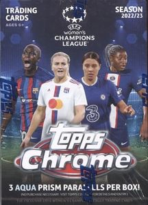 2022 2023 Topps Chrome UEFA Women's Champions League Soccer Collection Factory Sealed Blaster Box with 3 Exclusive Aqua Prism Parallels Per Box