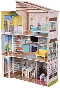 Olivia's Little World Dreamland Mediterranean 3-Story Wooden Doll House with Skylight and 17-pc Accessory Set for 12" Dolls, Pink/Brown