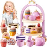 HERSITY Wooden Afternoon Tea Cake Stand Toy, Tea Party Set Toddlers Pretend Play Food Dessert Kitchen Accessories Birthday Gifts for 3 4 5 Years Old Kids Girls Boys