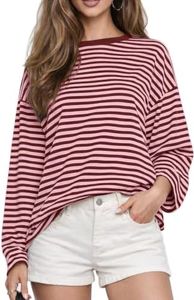 CHYRII Womens Oversized Striped Long Sleeve Casual T Shirt (Red+Pink L)