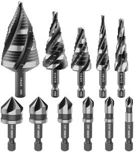 KAKILFOB 5 Pcs Four Spiral Flute Step Drill Bit Set, 6 Pcs Countersink Drill Bits with 1/4 Inch Quick Change Hex Shank, Nitriding HSS Drill Bits for Metal, Aluminum, Wood, Plastic