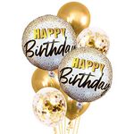 Party Propz Foil Ballons for Birthday Decorations Items - Set of 7 Pcs, Birthday Balloons for Decoration | Printed Foil Balloons with Golden Confetti Balloons | Happy Birthday Decoration for Girls