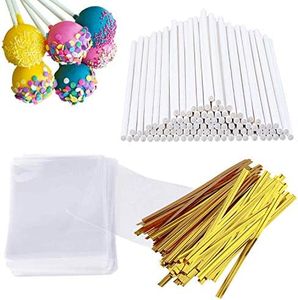 Cake Pop Sticks and Wrappers Kit, Including 100ct 6-inch Paper Lollipop Sticks, 100ct Clear Candy Treat Bags Parcel, 100ct Gold Twist Ties for Cakepop, Lollipop, Hard Candy, Suckers and Chocolate