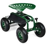 DORTALA 4-Wheel Rolling Garden Cart Work Seat w/Tool Tray, Heavy Duty Planting Cart w/360 Swivel Seat and Storage Basket, Outdoor Work Cart w/Height Adjustable Seat for Gardening Planting, Green