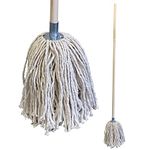 Pure Yarn Industrial Mop with Wooden Handle, Large String Mop with Galvanised Mop Socket, Highly Absorbent Yarn Cotton Mop Head and 120cm Handle, Heavy Duty Mop for All-Around Floor Cleaning