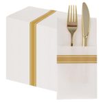 50PCS Disposable Linen Feel Napkins with Built-in Flatware Pocket, PHUNAT Wedding Party Linen Feel White and Gold Napkin, Pre-Folded Party Napkins, 40x40cm