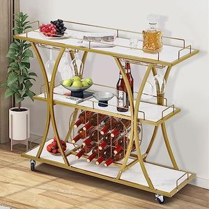 Fashionwu Gold Bar Cart with Wheels, 3 Tier Bar Serving Cart with Glass Holder and Wine Rack, Liquor Cart for Home Bar, Metal Wine Carts Drink Cart and Beverage Cart