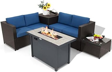 Tangkula 5-Piece Patio Furniture Set with 42 Inches Propane Fire Pit Table, Outdoor Wicker Conversation Set with Cushions, Storage Box and Coffee Table, 60,000 BTU Propane Fire Pit Table (Navy)