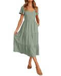 KIRUNDO Womens Summer Dresses 2024 Casual Linen Button Down V Neck Short Sleeve Ruffle Tiered Midi Dress with Pockets, Green, Medium
