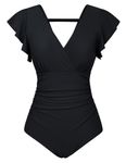 GRACE KARIN Women's One Piece Swimsuit Tummy Control Swimsuits V Neck Wrap Bathing Suits Ruched Ruffle Swimwear, Black, S