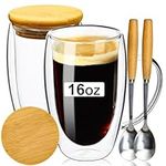 PARACITY Double Wall Glass Coffee Mugs 16OZ with Bamboo Lid/Spoon, Glass Coffee Cups Set of 2 with Handle, Insulated Clear Coffee Mug, Perfect for Latte, Espresso, Hot Beverage, Tea