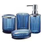 4PCs Heavy Weight Decent Blue Glass Bathroom Accessories Set with Decorative Pressed Pattern - Includes Hand Soap Dispenser & Tumbler & Soap Dish & Toothbrush Holder (Cobalt Blue)