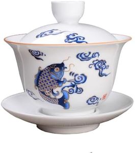 Porcelain Gaiwan 8oz Teacup White Glazed Tureen Chinese Sancai Cover Bowl Lip Cup Saucer Set (Fish leaping)