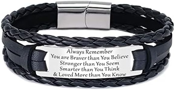 HAYOUWAY Mens Leather Bracelet Gifts for Him Men, Personalised Handmade Braided Leather Bracelet for Men Women Teen Boys Son Gifts with Stainless Steel Magnetic Clasp Engraved Inspirational Quote