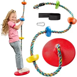 Jungle Gym Kingdom Tree Swing for Kids - Single Disc Seat and Rainbow Climbing Rope Set w/Carabiner and 4 Foot Strap - Treehouse and Outdoor Playground Accessories - Red