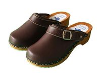 Womens Leather Clogs - Swedish Handmade White Black Brown Wooden Sole Sandals - Ladies Shoes with Strap Buckle - Many Sizes UK (5 UK, Brown)