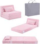 Tiita Folding Sofa Bed for Kids, Quad-Fold Mattress with Pillow, Soft Plush Couch, Portable Storage Bag, Convertible Lounger, for Playroom, Living Room, Guest Room, Pink