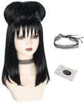 Miss U Hair Women Short Black Straight Wig with Detachable Bun Blunt-cut Bangs Halloween Party Wig