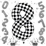 Foil 8th Birthday Number Balloon, Large Checkered Helium 8 Racing Balloons Decor, 40 Inch Self Inflating Black and White Number 8 Balloons for Boys Birthday Race Car Flag Party Decorations Supplies