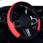 SHIAWASENA Car Steering Wheel Cover, Leather, Universal 15 Inch Fit, Anti-Slip & Odor-Free (Black&Bright Red)