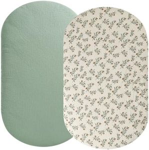 Fadacudan Muslin Bassinet Sheet Compatible with UPPAbaby Bassinet, 2 Pack Cotton Stylish Boho Fitted Bassinet Sheets Super Soft for Baby Roman Green & Botanical Leaf