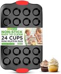 NutriChef 24-Cup Nonstick Mini Muffin Pan with Red Silicone Handles - Carbon Steel Bakeware Tray for Savory & Sweet Treats - Dishwasher Safe, Black