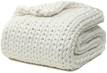 YnM Cooling Weighted Blanket, Handmade Chunky Yarn Knitted Design, Temperature Regulating and Breathable, Machine Washable Throw for Sleep or Home Decor (White, 80x87 Inch, 25lbs)