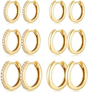 Gold Hoop Earrings Set 14k Real Gold Plated Huggie Hoop Earrings Hypoallergenic Tiny Lightweight Cartilage Cubic Zirconia Jewelry Everyday Earrings for Women Piercing (6Pairs Gold)