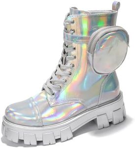 Cape Robbin Monalisa Women's Combat Boots - Ankle Boots for Women with Side Zipper and- Pouch - Women's Chunky Platform Boots - Lace-up Women Booties - Holographic Size 9