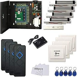 4 Door Access Control System with 600lbs Magnetic Lock Entry Access Control Panel 110V Power Supply Box RFID Reader Exit Button Enroll RFID USB Reader RFID Card Key Fob Phone APP Remotely Open Lock