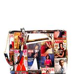 Classy Michelle Obama Magazine Cover Print Vegan Leather Patent Large Cut-out Handle Clutch Purse (Metal Handle Square - Multi)