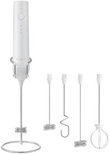 Flendy 3-speed Rechargeable Milk Frother Wand with Stand, Handheld Drink Mixer Stick with Multiple Detachable Whisks, Versatile Electric Stirrer for Coffee, Matcha, Protein Powder, Eggs, etc.