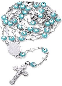 FaithHeart Silver Rosary Chain for Women, St Benedict Rosaries Bead Necklace for Male, Stainless Steel Rosary