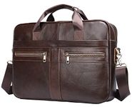 REALON Genuine Leather Briefcase for Men, Laptop Computer Shoulder Bag With Strap, 15.6 Inch Business Travel Work Handbag, Brown