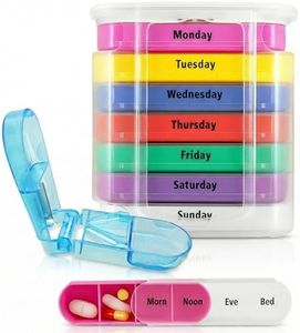 Vive 7 Day Pill Organizer - Stackable 4 Times a Day Supplement & Weekly Medicine Holder - AM PM Dispenser Case with Splitter Cutter - Portable Daily Vitamin Container - Slim 7 Day Travel Calendar